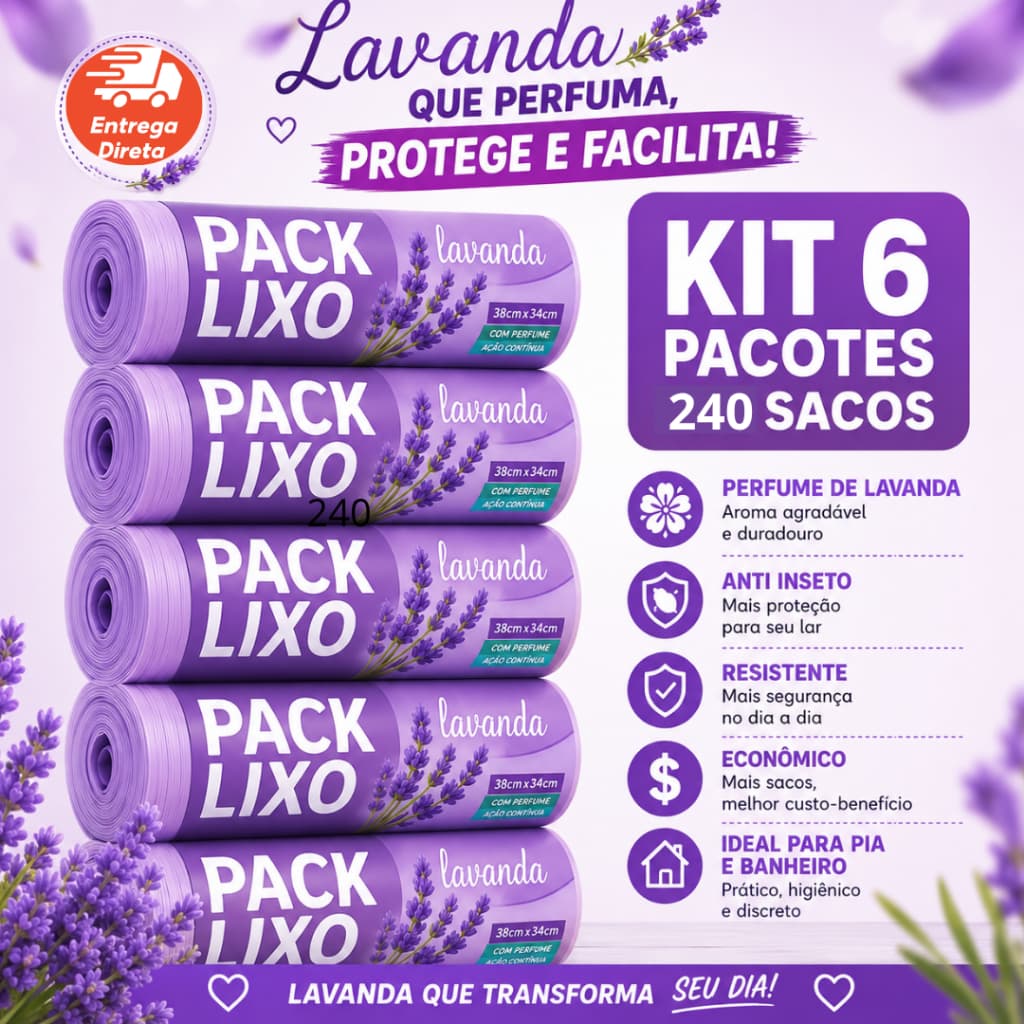 Saco de lixo pia Banheiro e Cozinha perfumado Lavanda Antiodor kit c/ 6 unidades -240 sacos