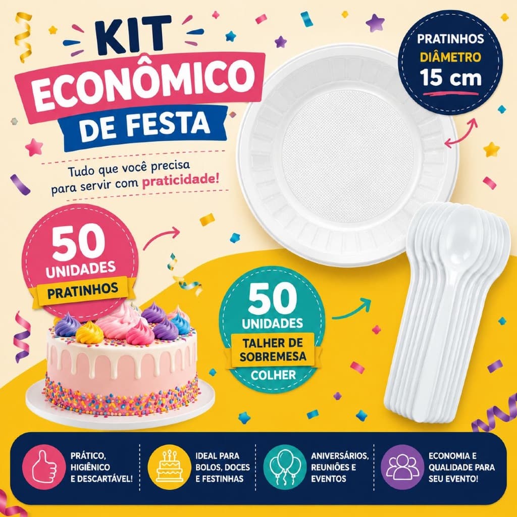Kit 50 Pratinhos 15cm + 50 Colheres de Sobremesa Plástico Festa Bolo