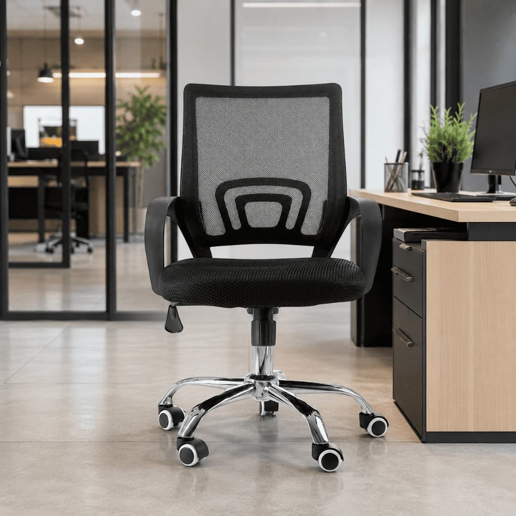 Cadeira Home Office Ergonômica Mesh Preta com Base Cromada Moderna
