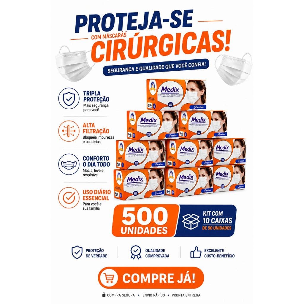 kit 10 Máscaras Descartável cirúrgica tripla com Ajuste no Nariz e Elástico, para escritório, Transporte e Ambientes