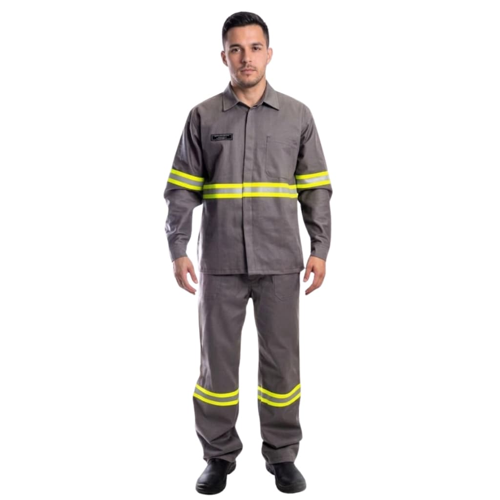Conjunto NR10 Cinza com Faixa Refletiva Kit Calça e Camisa Antichamas Risco 2 Eletricista