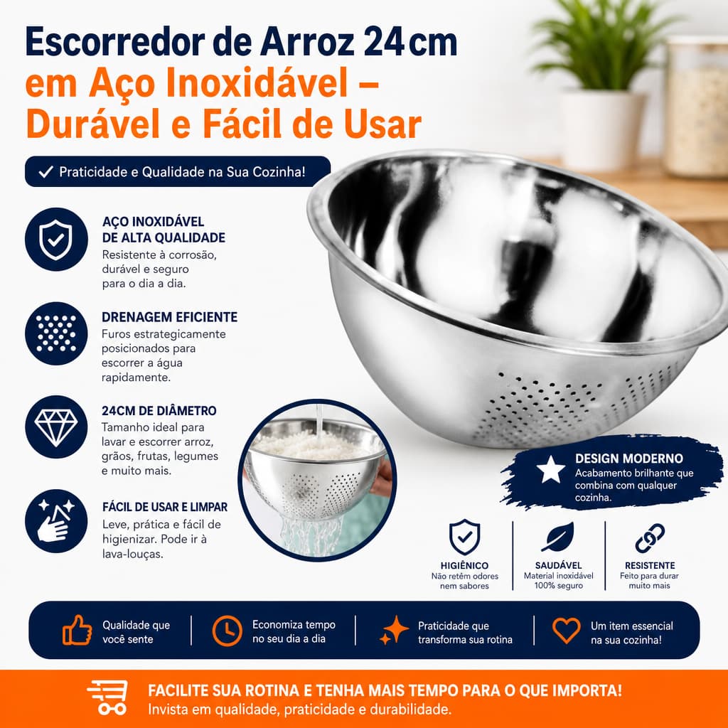 Escorredor de Arroz 24cm em Aço Inoxidável – Durável e Fácil de Usar