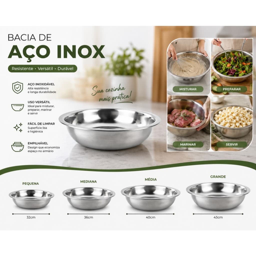 Bacia Aço Inox Reforçada Multiuso Resistente Fácil de Limpar Cozinha Premium