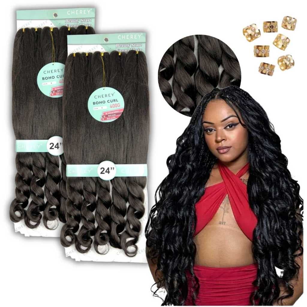 Kit 2 Cabelo Cacheado Jumbo Boho Curl Cherey 400g Gypsy Braids Trança com cacho