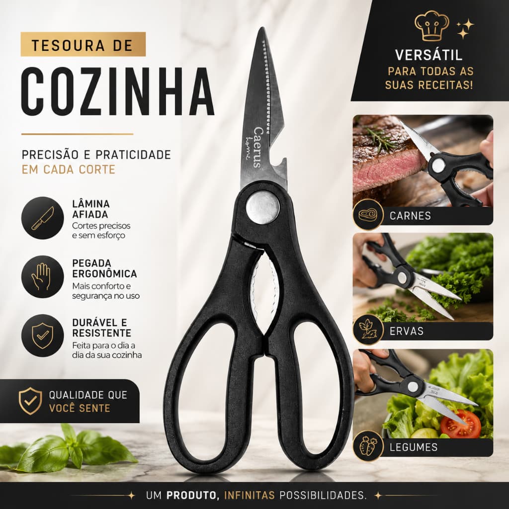 Tesoura de Cozinha Multiuso Inox – Corta Carnes, Peixes, Ossos e Abre Nozes e Garrafas