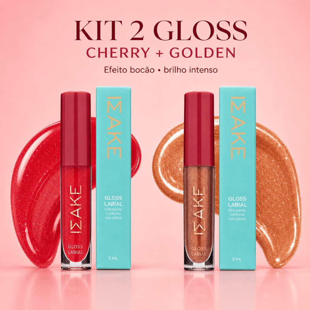 Kit 2 Gloss Labial Cherry e Golden Efeito Bocão Brilho Intenso Lábios Volumosos