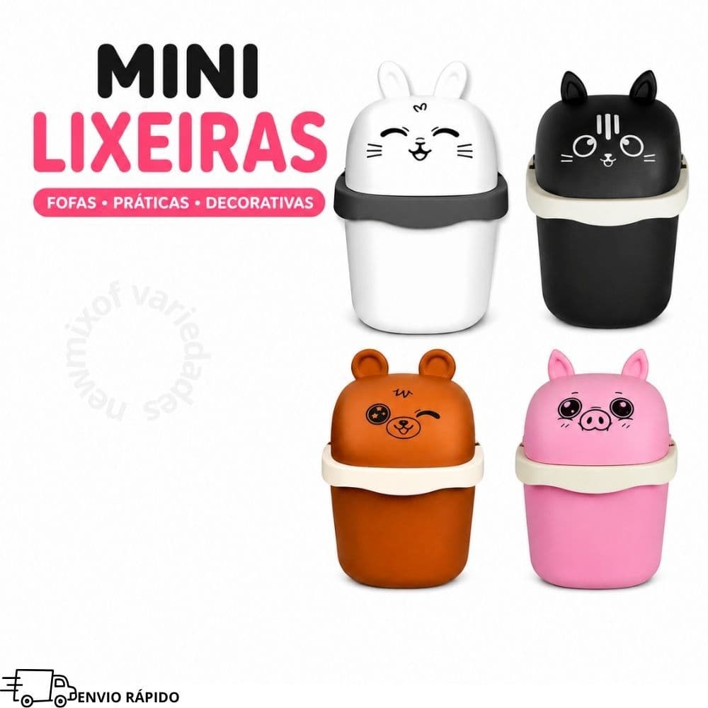Mini Lixeira De Mesa Com Tampa Decorativa Banheiro Mesa Escritório Infantil Bichinhos Animais Multiuso 1,5L Keita -NEWV