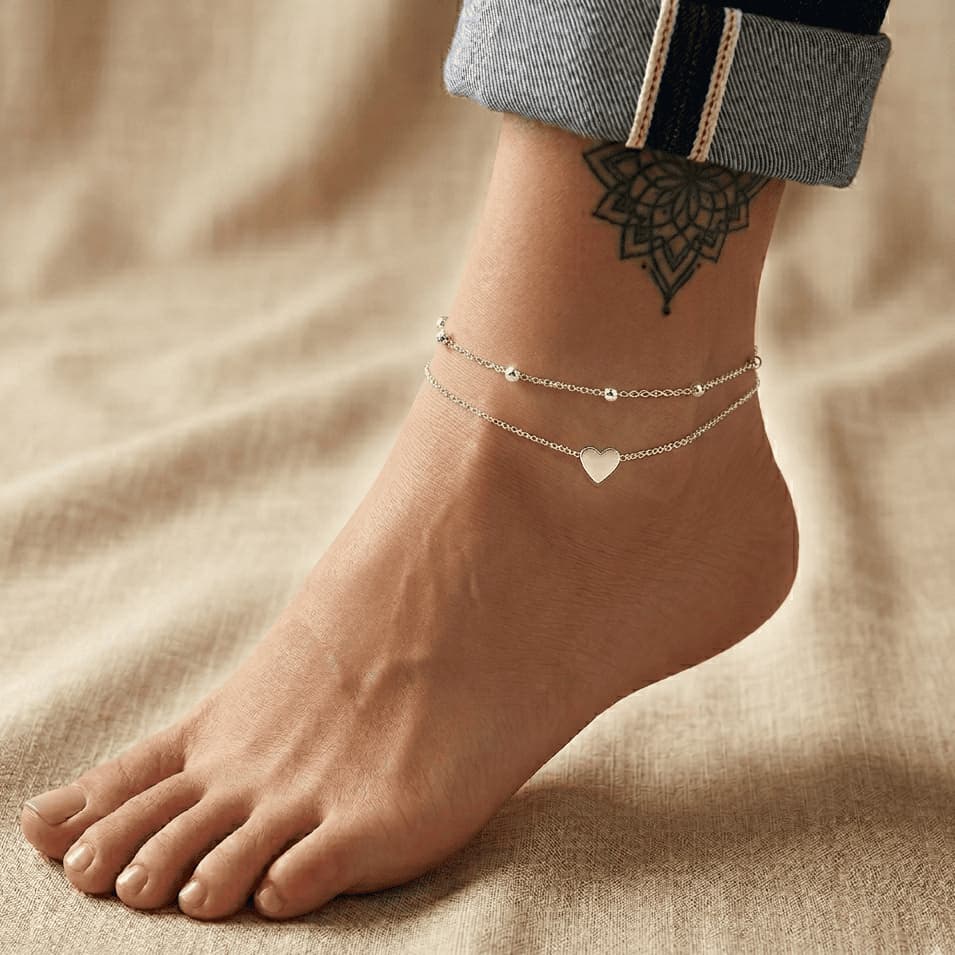 Kit Tornozeleira Mini Coração e Bolinhas Delicadas ou Unidades Banho Dourado e Prateado Elegante