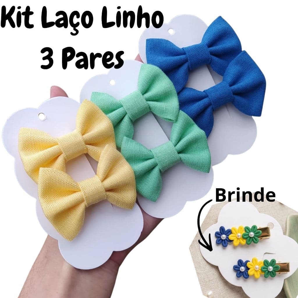 Kit Laço De Linho Amarelo Verde Azul 3 Pares + Brinde Para Bebê Menina Infantil Não Escorre