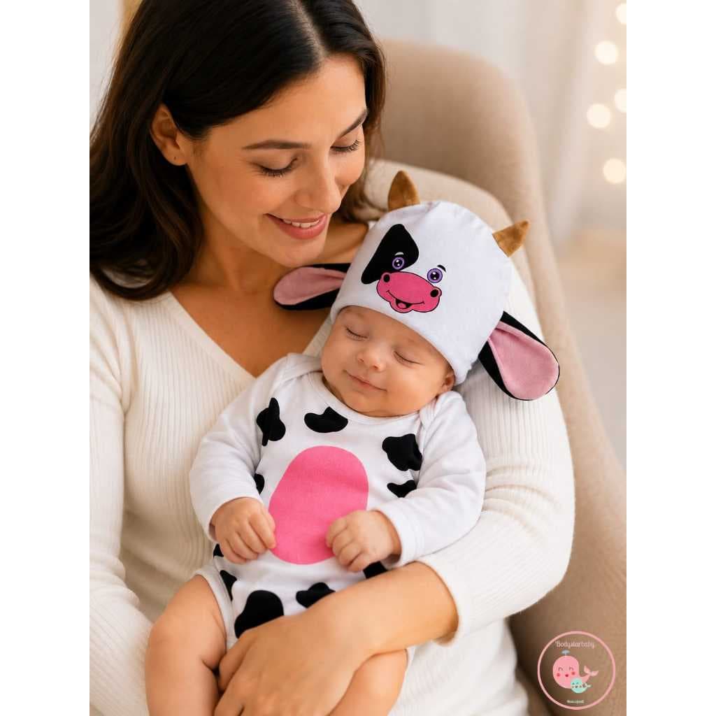 body bebê vaquinha manga longa com touca fantasia mesversário menina algodão fofinho estampa