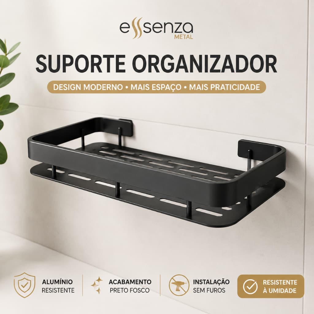 Suporte Banheiro Essenza Organizador Prateleira Alumínio Sem Furo Luxo Moderno Decorativo Preto