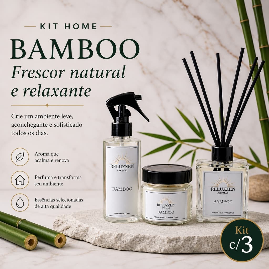 Kit Aromatizador Bamboo Difusor de Ambiente com Varetas Home Spray Vela Aromática Perfume para Casa