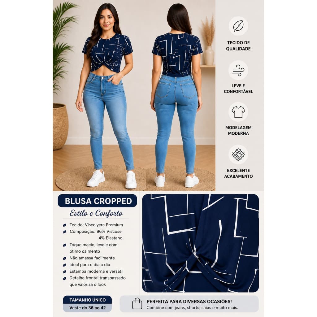 Cropped Viscolycra Transpassado Manga Curta Feminina Blusa Moda Verão Blogueira Tendência