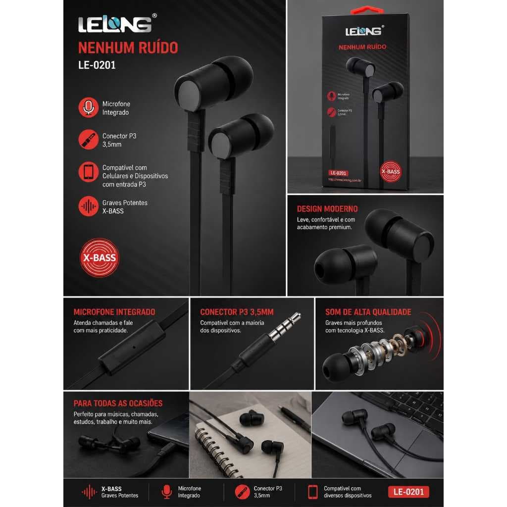 Fone de Ouvido Lelong LE-0201 Preto - Design Ergonômico, Super Bass, Isolamento Acústico
