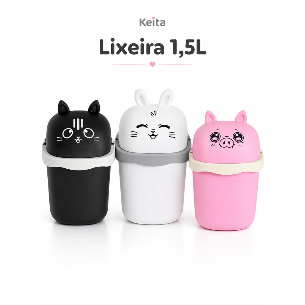 Lixeira Pia 1,5L Decorativa Coelho Gato Porco Banheiro Escritorio Cozinha Compacta Tampa Slim UZ
