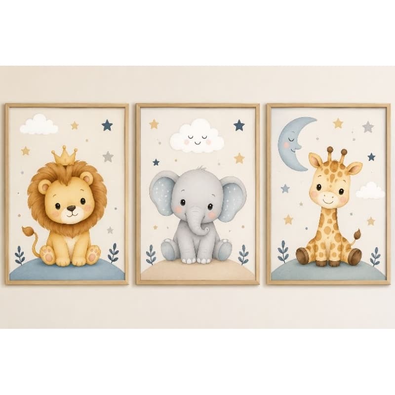 Quadro decorativo infantil 3 peças safari leão elefante e girafa