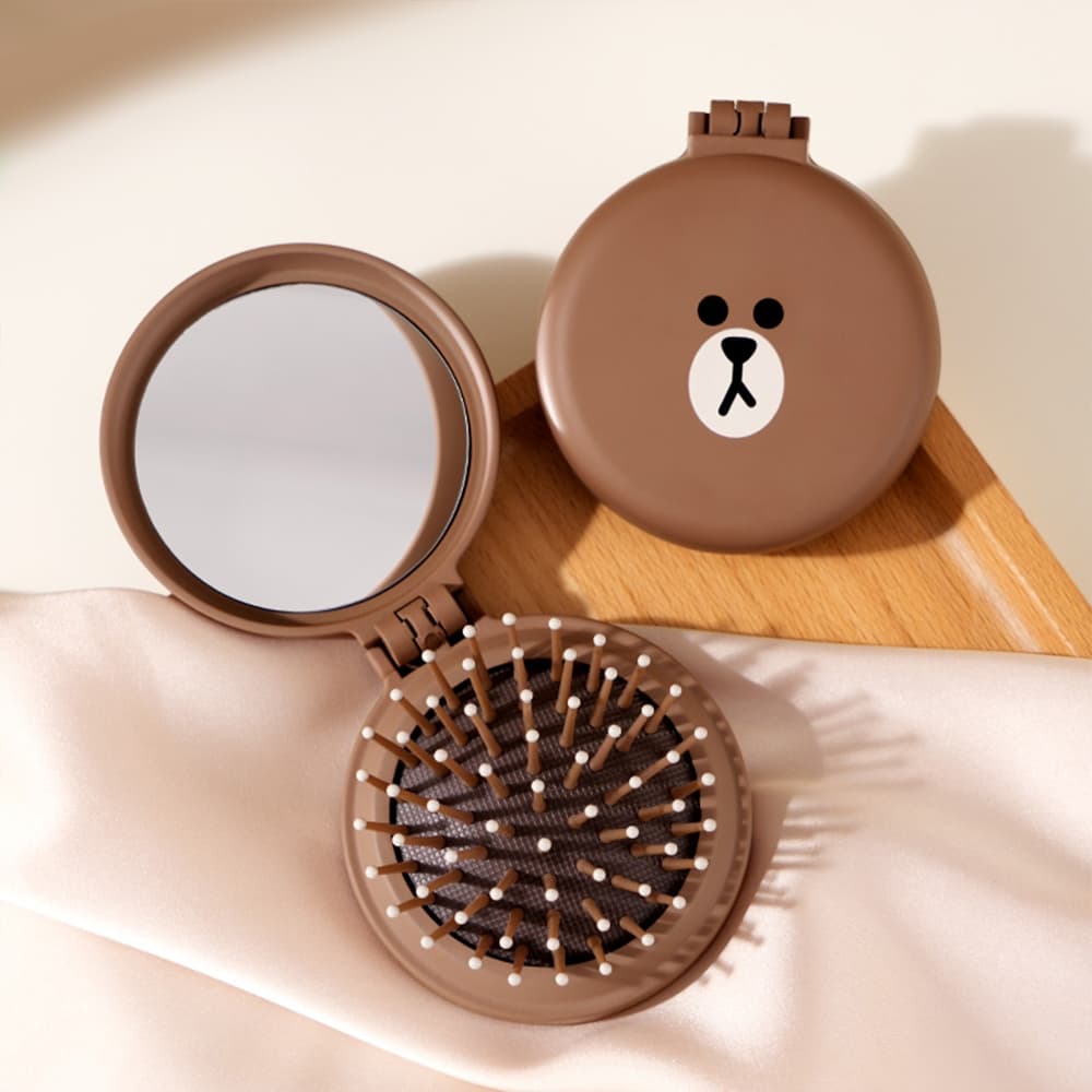 Espelho de Bolsa com Escova de Cabelo 2 em 1 Urso Brown Fofo Dobrável Portátil para Viagem e Maquiagem