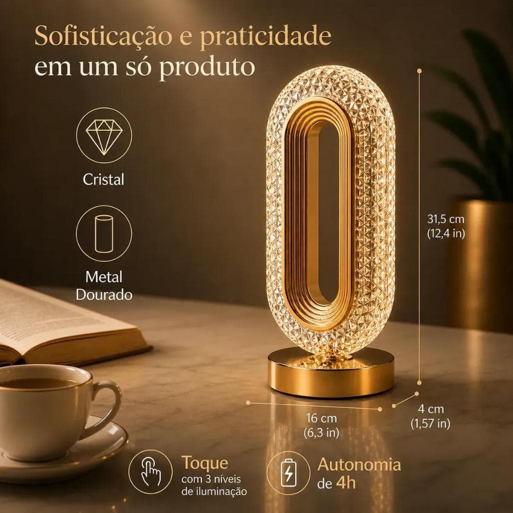 Abajur Cristal Touch Led 3 Tons Recarregável Quarto Luxo Decor