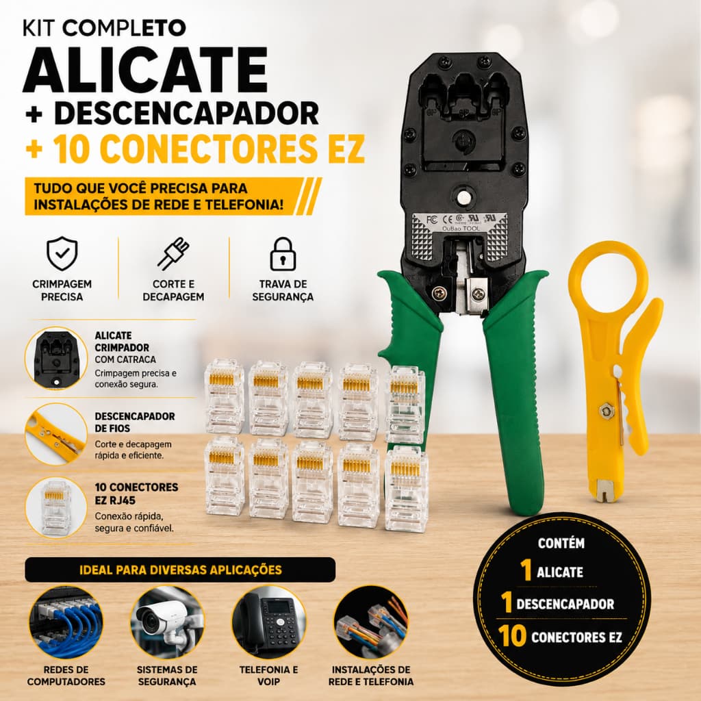 Alicate de Crimprar RJ45 RJ11 Cabos de Rede e Telefonia + Decapador de Fios + 10 conectores RJ45