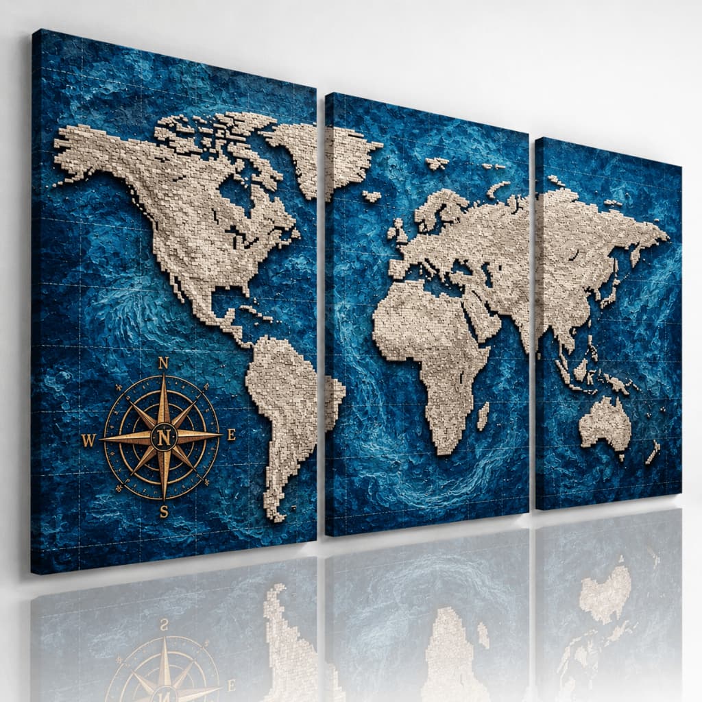 Kit 3 Quadros Decorativos Mapa Mundi Azul Oceano Moderno MDF Sem Moldura