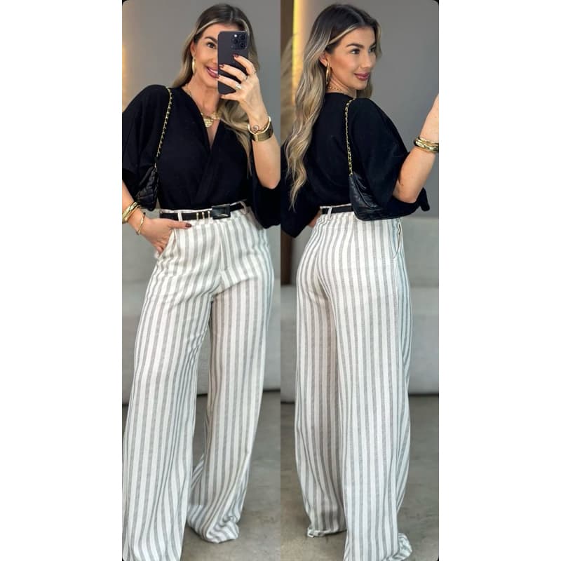 Calça Listrada Linho Pantalona Feminina Estilosa e Com Bolso Frontal Casual/ Esportiva/ Elegante