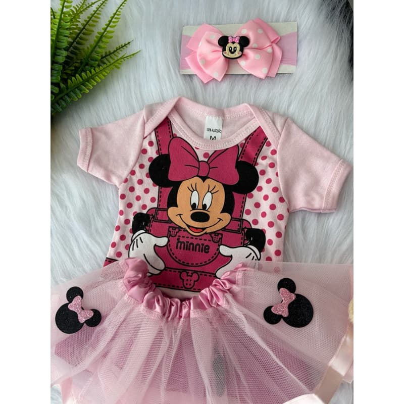Body Bebe Com Saia Tule e Laço Fantasia Bebê Infantil Mêsversário Temático Minnie Rosa