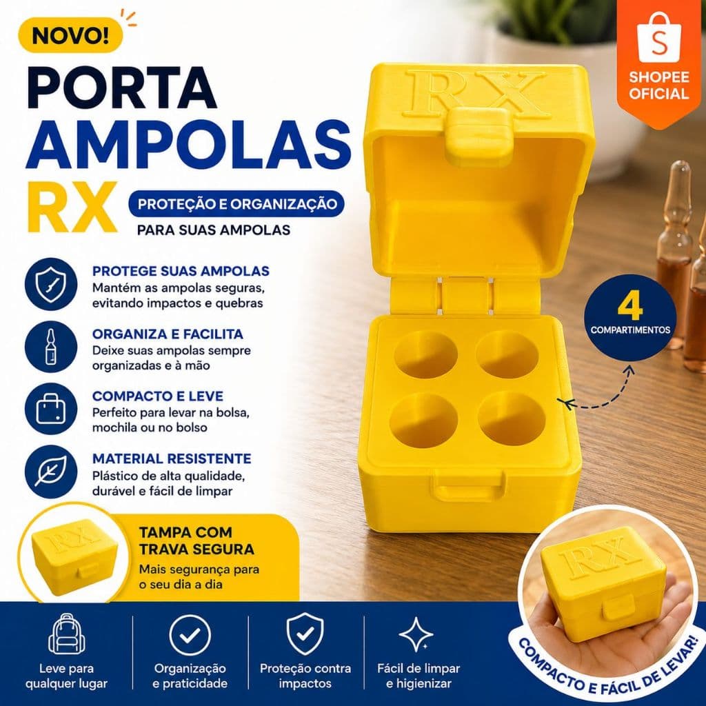 Caixa Porta Ampola 3ml  Organizadora p/ Tirzec 4 Porta + 4 Tampas Frascos Ampolas Para Vacinas e Injeções
