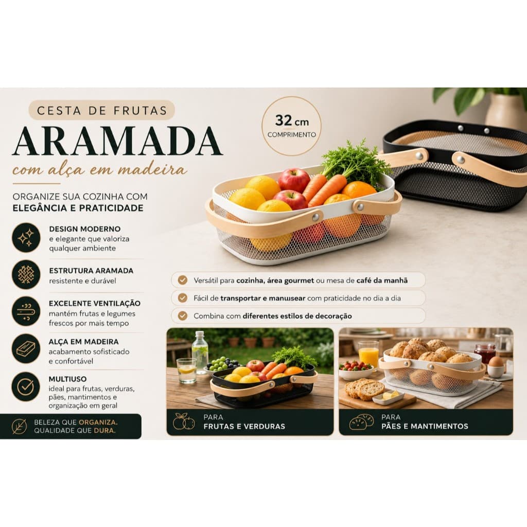Cesta Organizadora Premium para Cozinha | Design Sofisticado e Funcional 32cm
