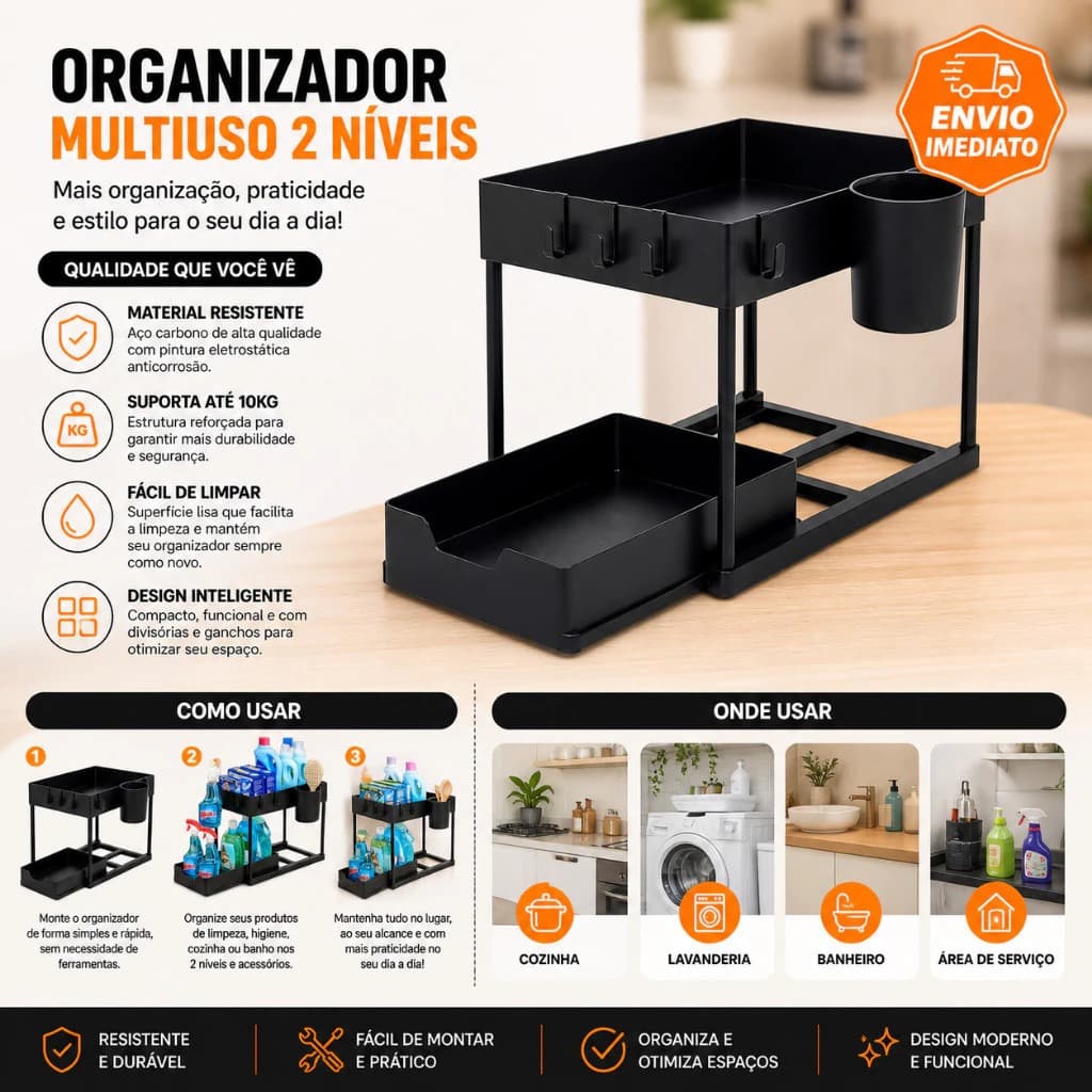 Organizador Multiuso 2 Niveis Com Bandeja Deslizante Preto Duravel Cozinha Escritório Lavanderia