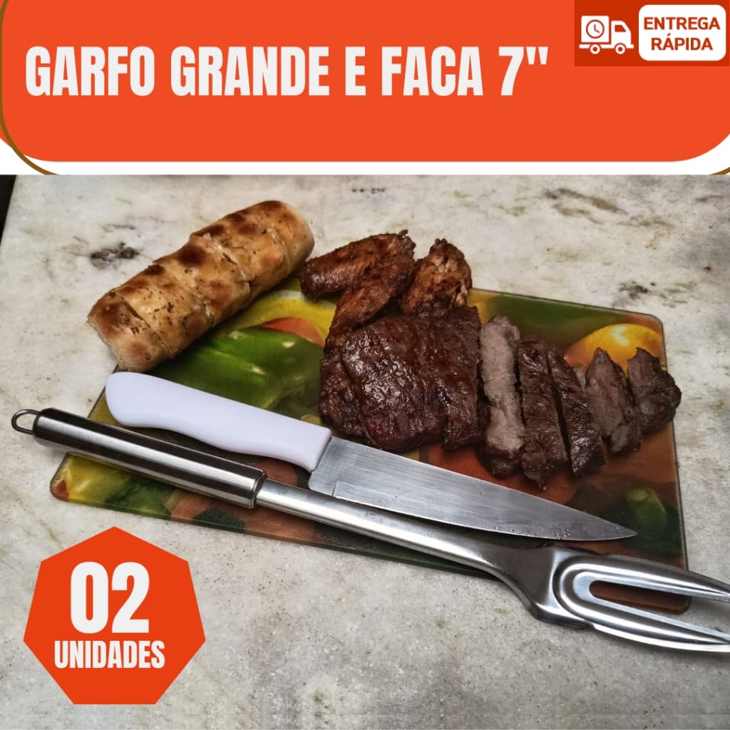 Kit Garfo Grande + Faca Peixeira Aço Inox Churrasco Cozinha