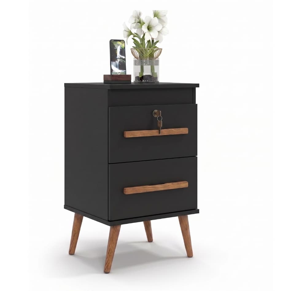 Mesa De Cabeceira Box 2 Gavetas Retrô Com Chave Quarto Cor Preto