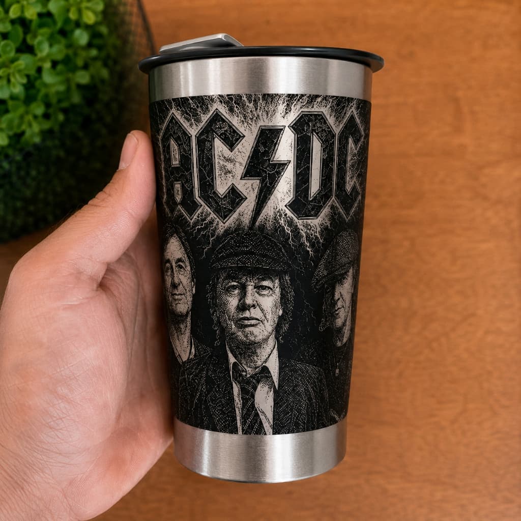Copo Térmico Personalizado | 473ml | Gravação a Laser 360 Grau, Banda ACDC, Rock Roll