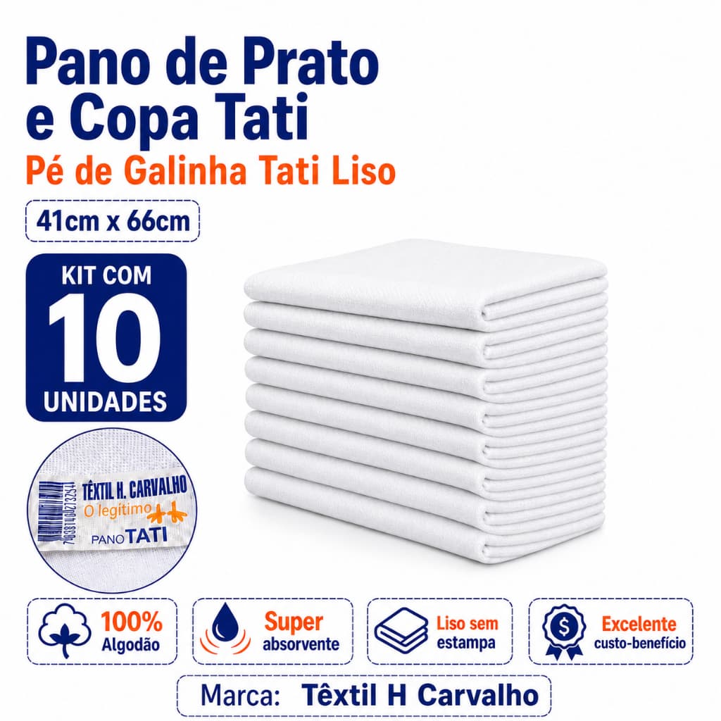 10 Panos de Prato e Copa Pé de Galinha Tati Branco Liso sem Estampa 41cm x 66cm 100% Algodão