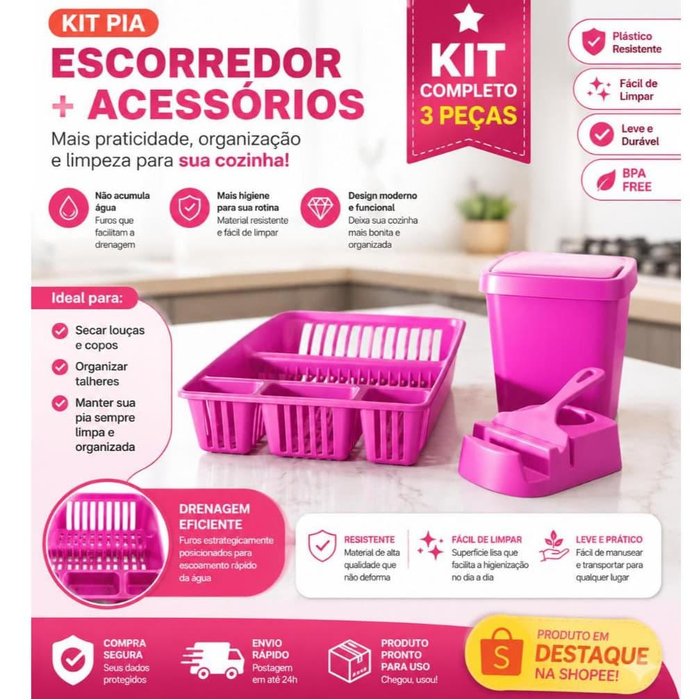 Escorredor de Louça, Kit Pia, Lixeira, Porta Detergente, Rodinho - Cozinha Rosa - Cozinha Completa