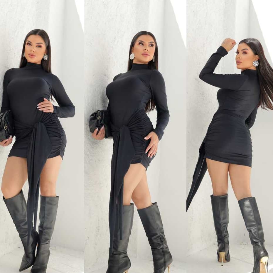 Vestido Feminino Manga Longa Gola Alta Amarração Na Cintura Suplex Sem Bojo Com Elástico