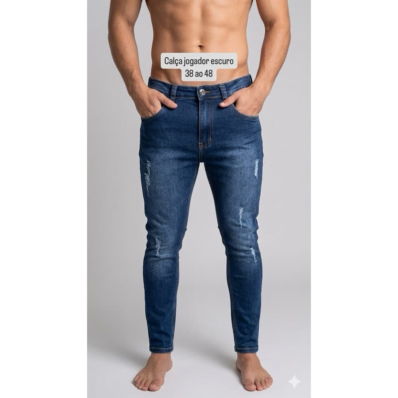 CALÇA SKINNY AZUL JEANS ESCURO RASGADA ESTILO JOGADOR LYCRA BÁSICA CONFORTÁVEL 38-48