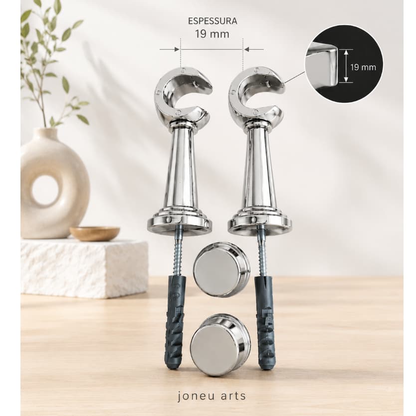 kit com 2 suportes cromados 19mm com ponteira e parafusos