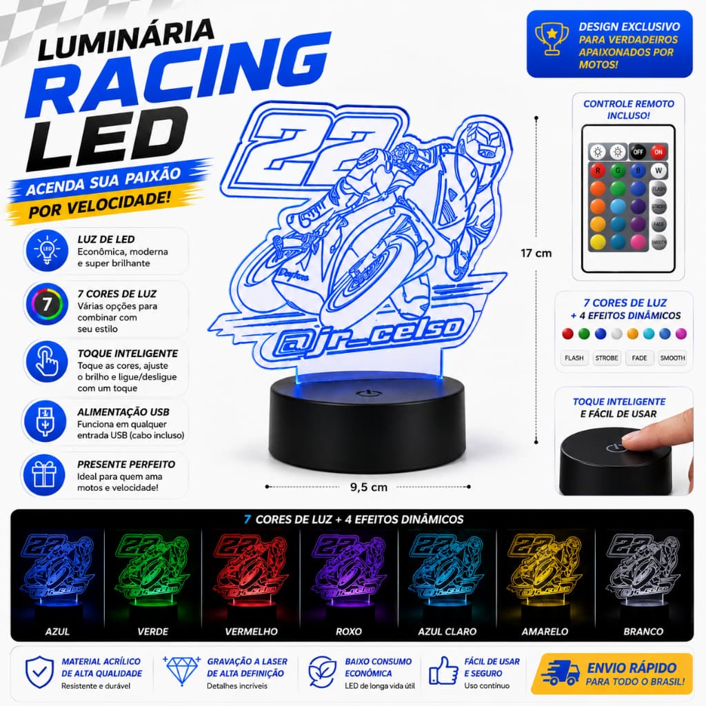 Luminária LED 3D Personalizada base 16 cores RGB - Moto Carro Kart - Personalize com a sua foto