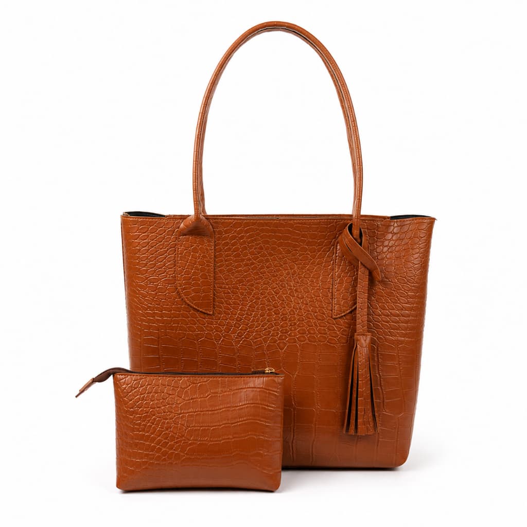 Bolsa Feminina Courino Croco Kit Sacola  + Necessaire  Grande Com Zíper