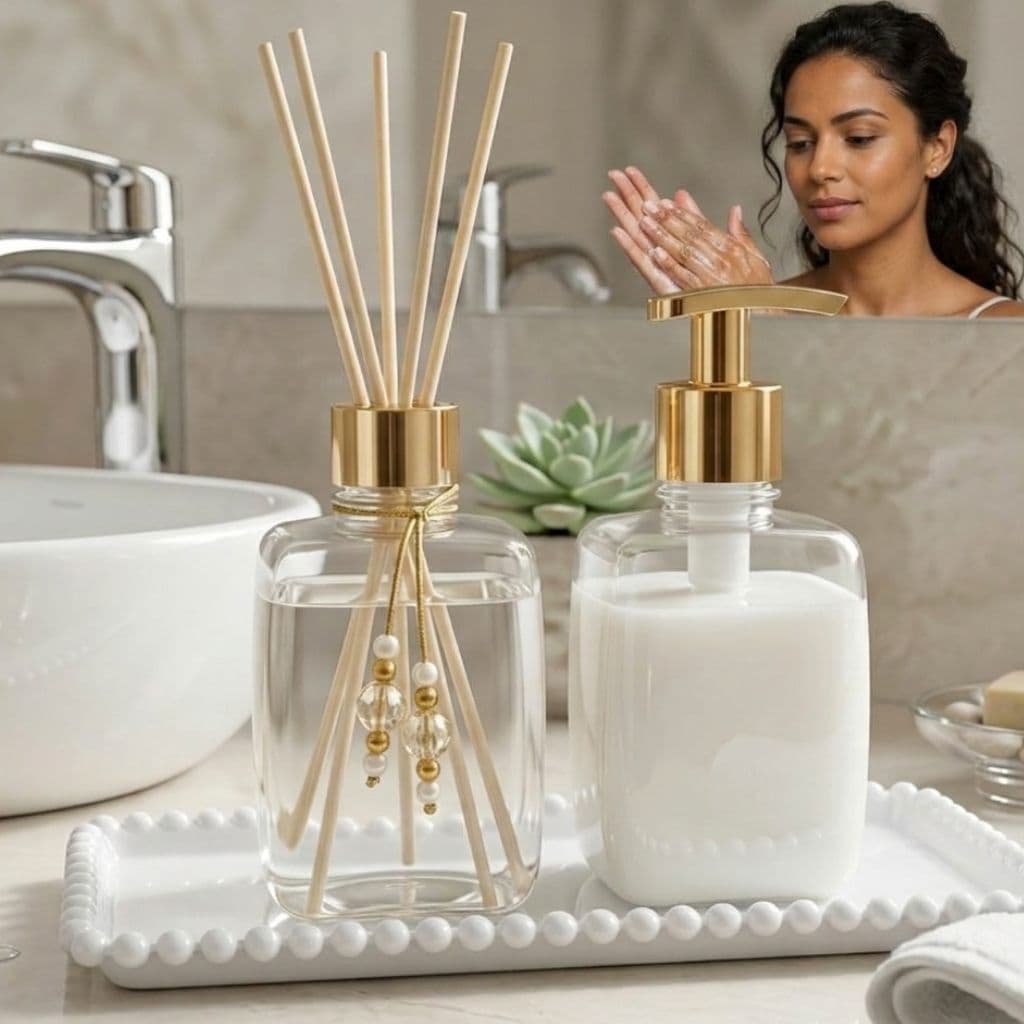 KIT LAVABO PLÁSTICO PET LUXO TRANSPARENTE COM BANDEJA SABONETEIRA E AROMATIZADOR 350ML