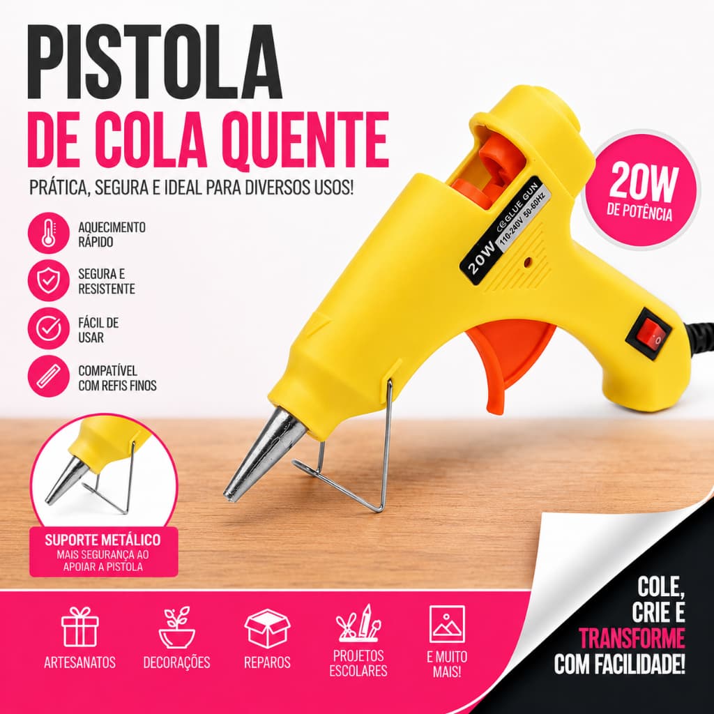 Pistola Cola Quente Bivolt 20w Bico Fino Com Botão On/Off  Para Bastões De 7mm