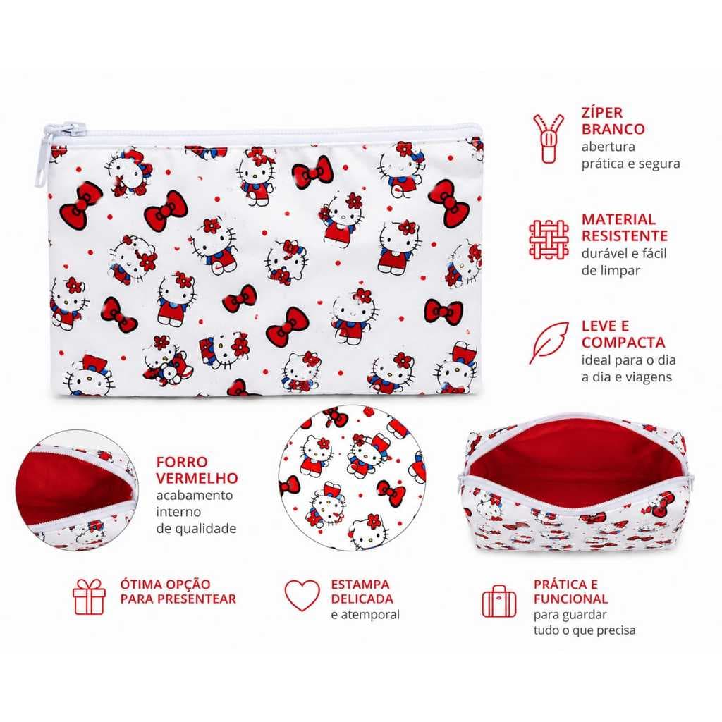 Necessaire Feminina Hello Kitty Porta Maquiagem Estojo Envelope Zíper Branco Forro Vermelho