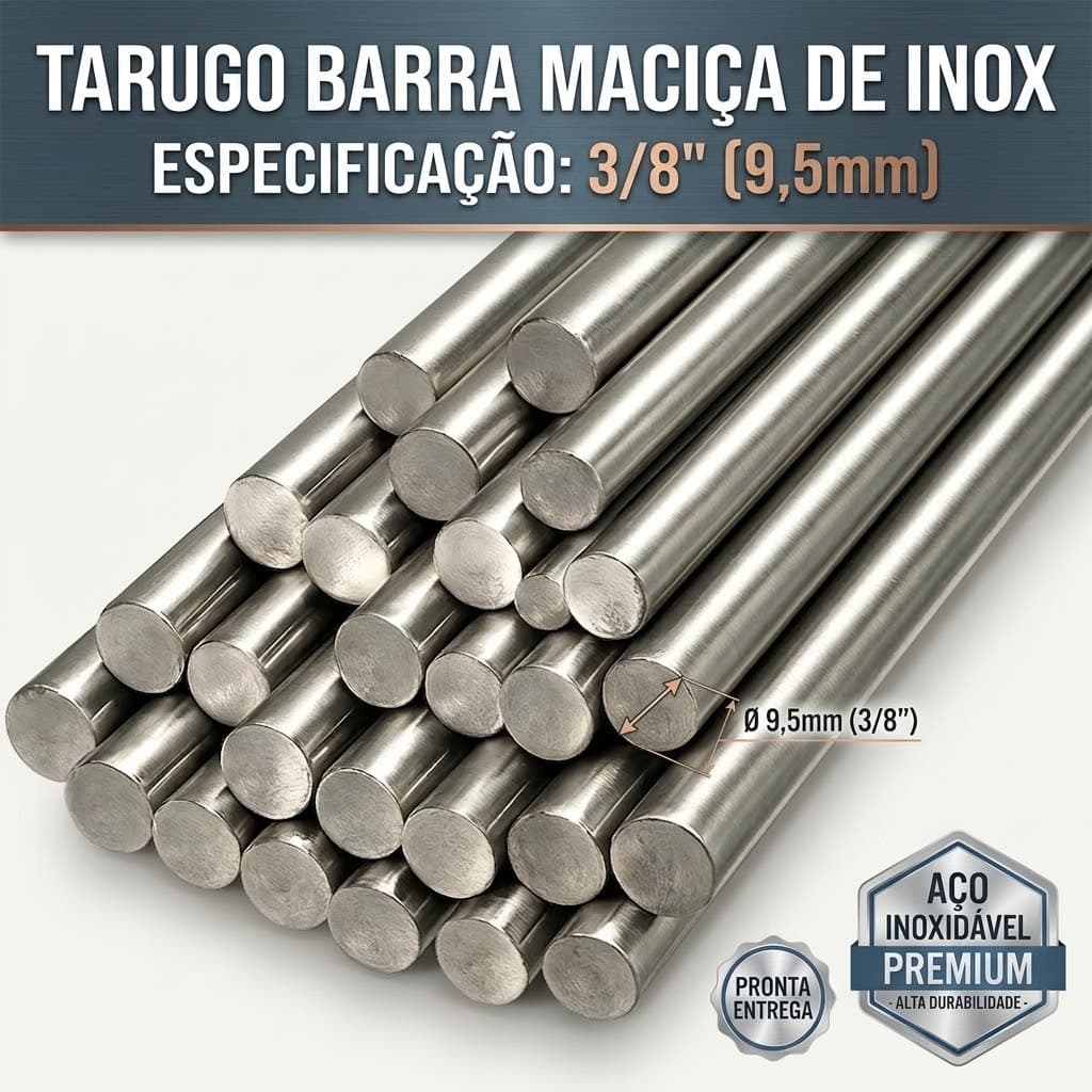 Tarugo Barra Maciça Aço Inox 304 3/8" (9,5mm) - Diversos Tamanhos Corte Sob Medida Suporte Projetos Reforçados