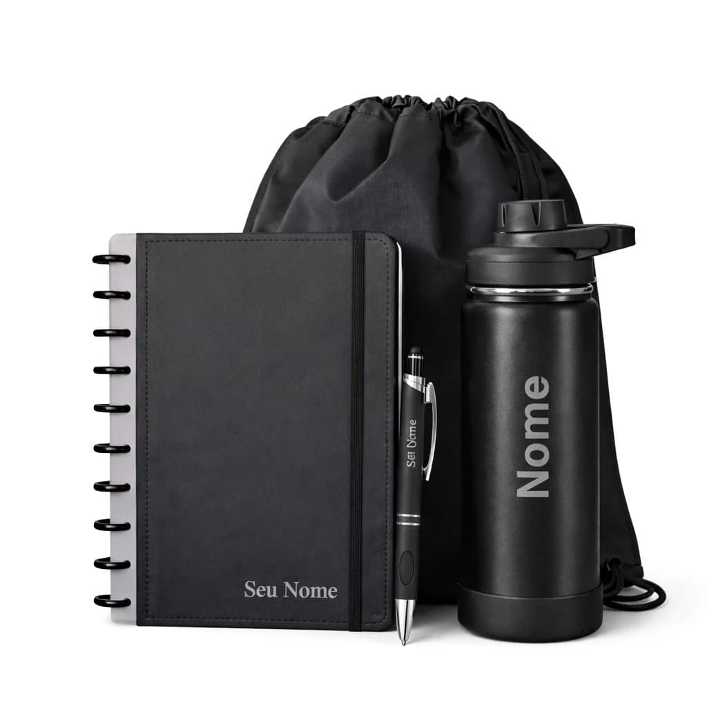 Kit presente Personalizado Caderno, Caneta e Garrafa Térmica  com Nome logo ou time volta aulas