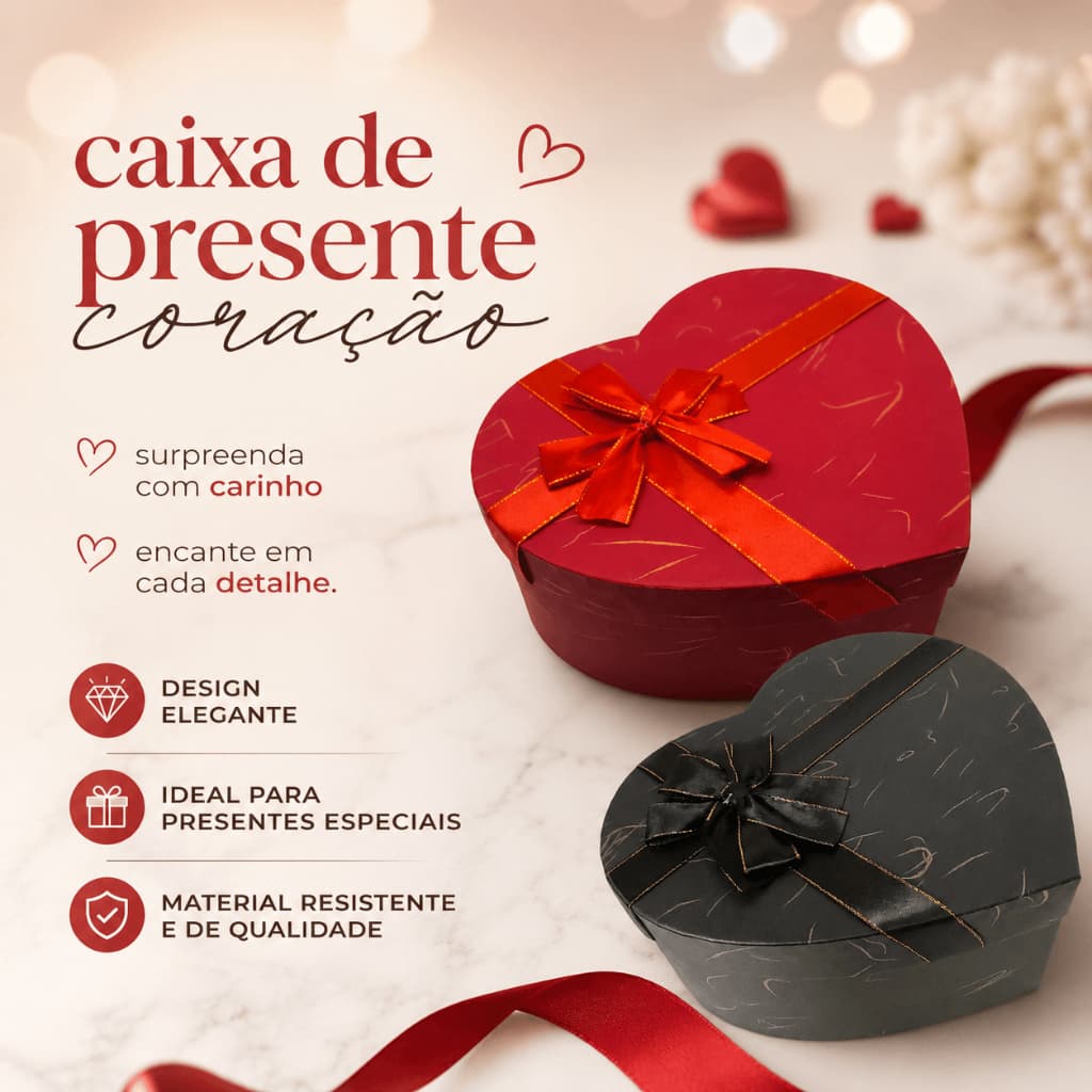 Caixa de Presente Coração Rígida Romântico Cartonada com Laço Cruz – Luxo e Elegância para Qualquer Ocasião