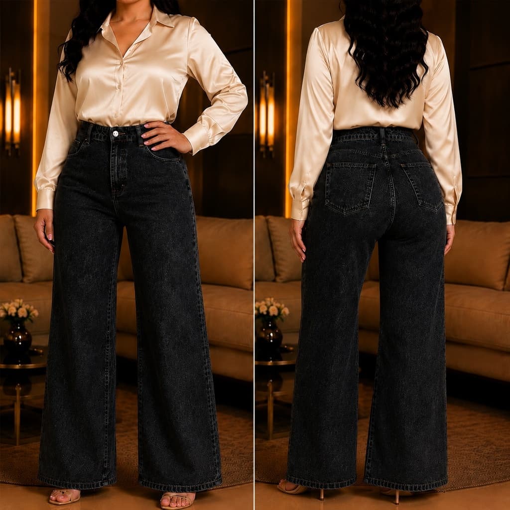 Calça Jeans Wide Leg Feminina Premium Preta Marmorizada, Cintura Alta, Direto da Fábrica