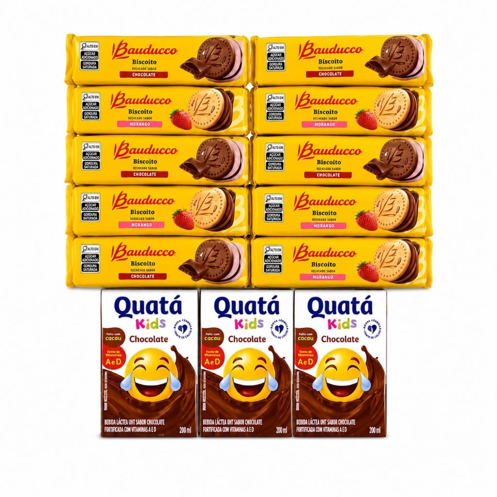 Kit Lanche Bauducco C 10 Biscoitos Sortidos + 3 Achocolatados Quatá Kids