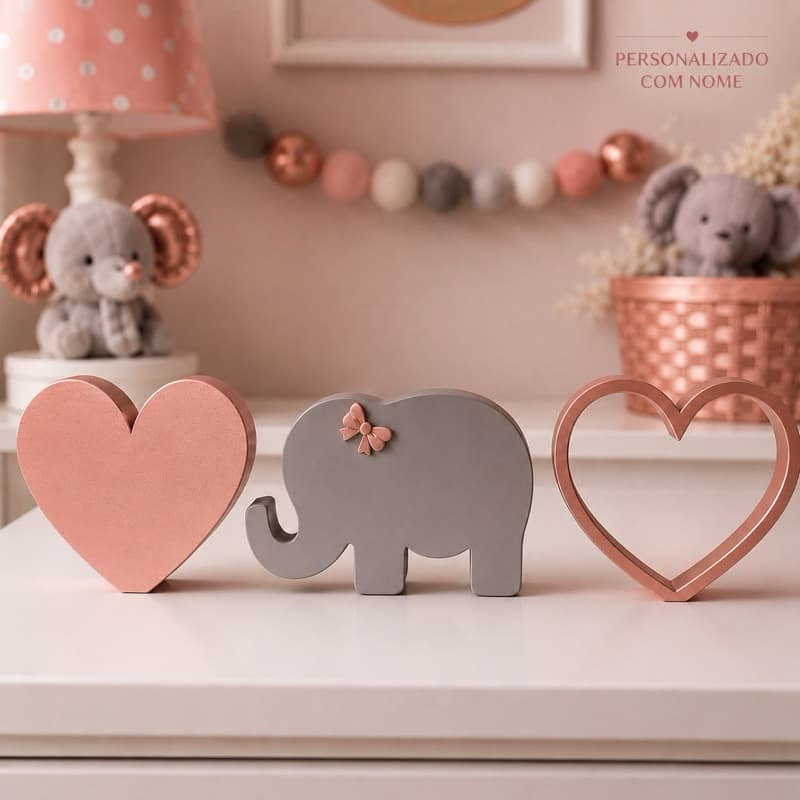Kit Elefantinha e Corações Decoração Quarto Bebê Rosa Rosê