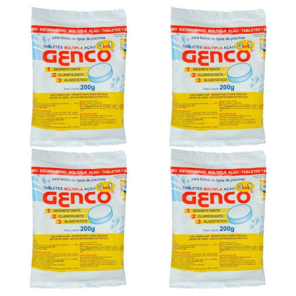 Kit 4 Pastilhas Cloro Genco 3 em 1 Múltipla Ação T200 200g