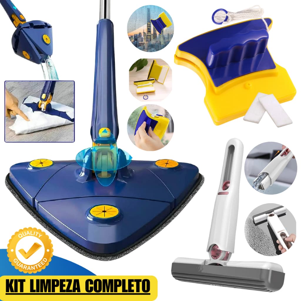 Mop Limpeza Triangular Giratório + Mini Rodo Portátil + Limpador Magnético Limpeza Completa